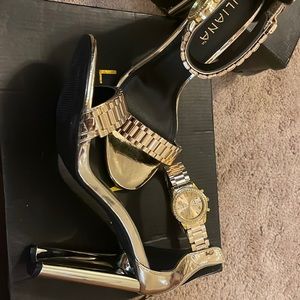 Lilliana gold patent heels with real watch around ankle strap